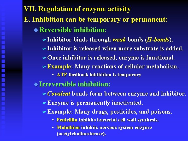 VII. Regulation of enzyme activity E. Inhibition can be temporary or permanent: u Reversible