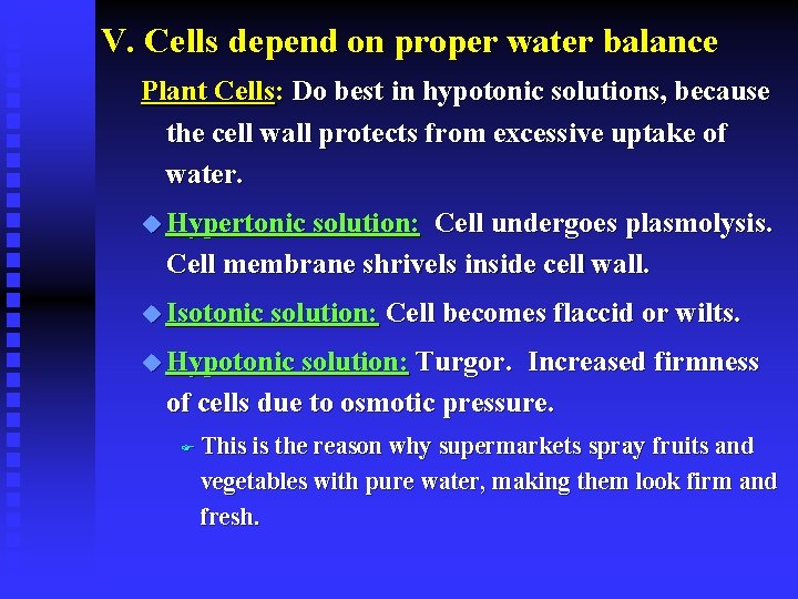 V. Cells depend on proper water balance Plant Cells: Do best in hypotonic solutions,