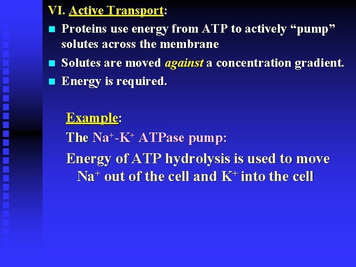 VI. Active Transport: n Proteins use energy from ATP to actively “pump” solutes across