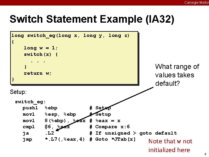 Carnegie Mellon Switch Statement Example (IA 32) long switch_eg(long x, long y, long z)