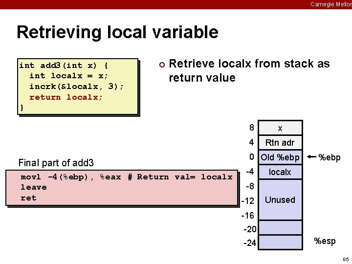 Carnegie Mellon Retrieving local variable int add 3(int x) { int localx = x;