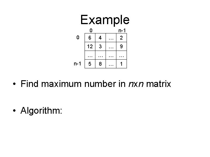 Example 0 n-1 0 6 4 n-1 … 2 12 3 … 9 …