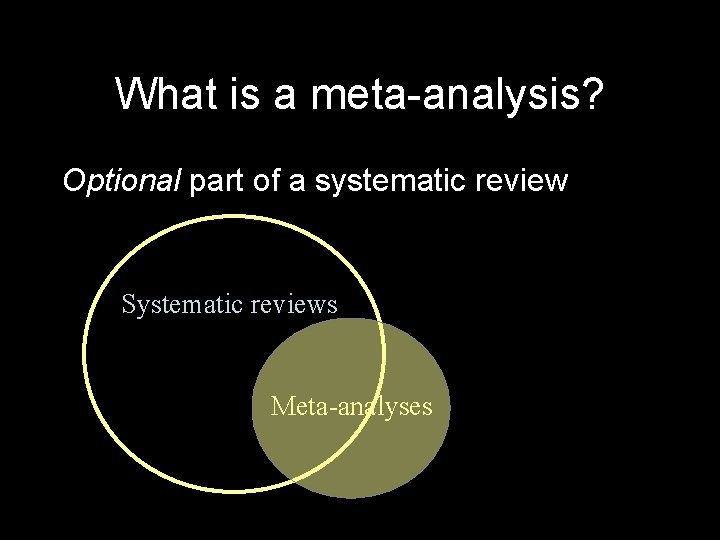 What is a meta-analysis? Optional part of a systematic review Systematic reviews Meta-analyses 