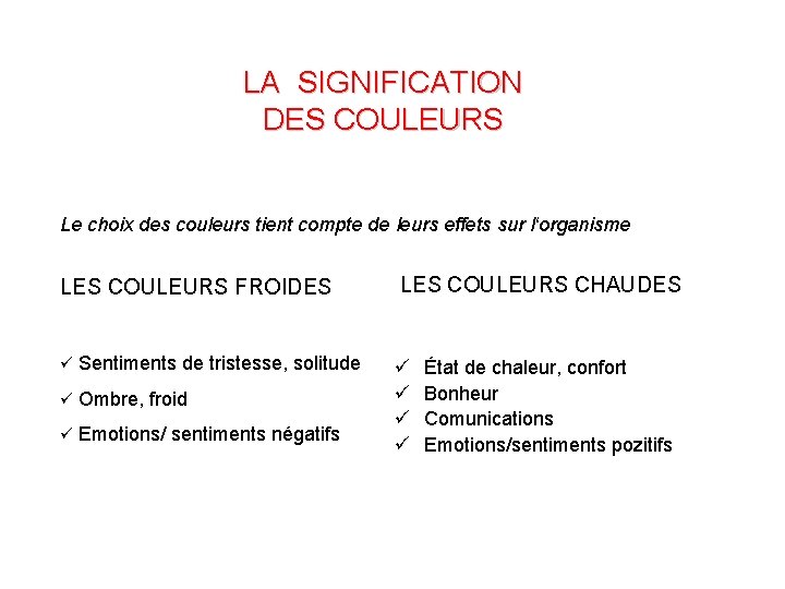 LA SIGNIFICATION DES COULEURS Le choix des couleurs tient compte de leurs effets sur