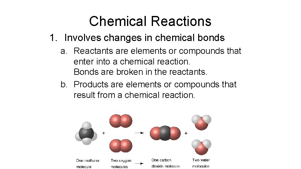 Chemical Reactions 1. Involves changes in chemical bonds a. Reactants are elements or compounds