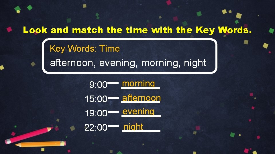 Look and match the time with the Key Words: Time afternoon, evening, morning, night