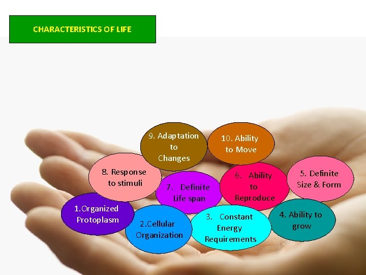 CHARACTERISTICS OF LIFE 9. Adaptation to Changes 8. Response to stimuli 1. Organized Protoplasm CHARACTERISTICS OF LIFE 9. Adaptation to Changes 8. Response to stimuli 1. Organized Protoplasm