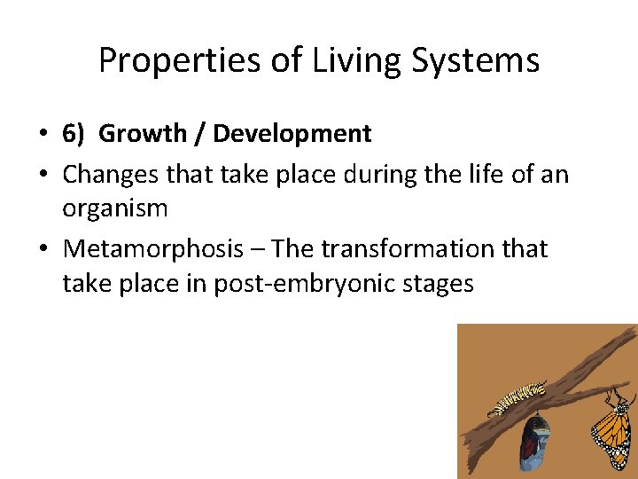 Properties of Living Systems • 6) Growth / Development • Changes that take place Properties of Living Systems • 6) Growth / Development • Changes that take place