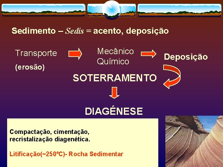 Sedimento – Sedis = acento, deposição Mecânico Químico Transporte (erosão) SOTERRAMENTO DIAGÉNESE Compactação, cimentação,