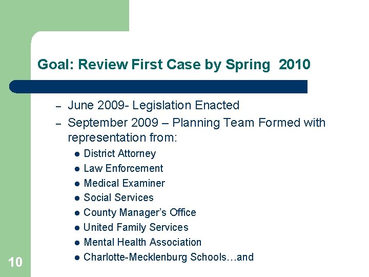 Goal: Review First Case by Spring 2010 – – June 2009 - Legislation Enacted