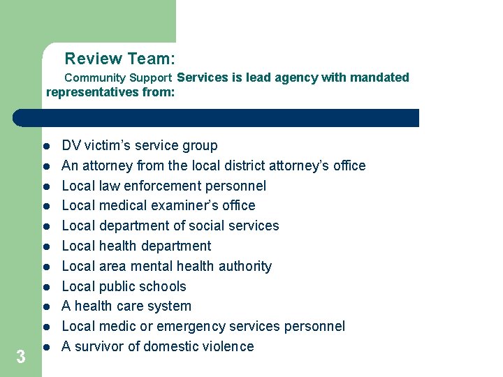 Review Team: Community Support Services is lead agency with mandated representatives from: l l