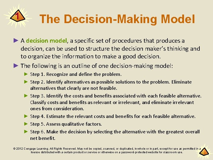 1 The Decision-Making Model ► A decision model, a specific set of procedures that