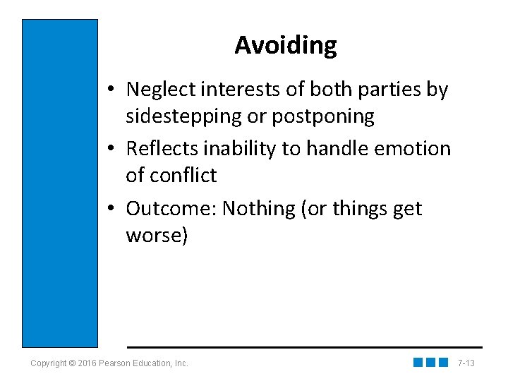 Avoiding • Neglect interests of both parties by sidestepping or postponing • Reflects inability