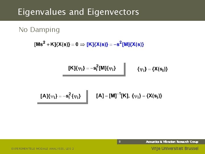 Eigenvalues and Eigenvectors No Damping 8 EXPERIMENTELE MODALE ANALYSIS, LES 2 Acoustics & Vibration