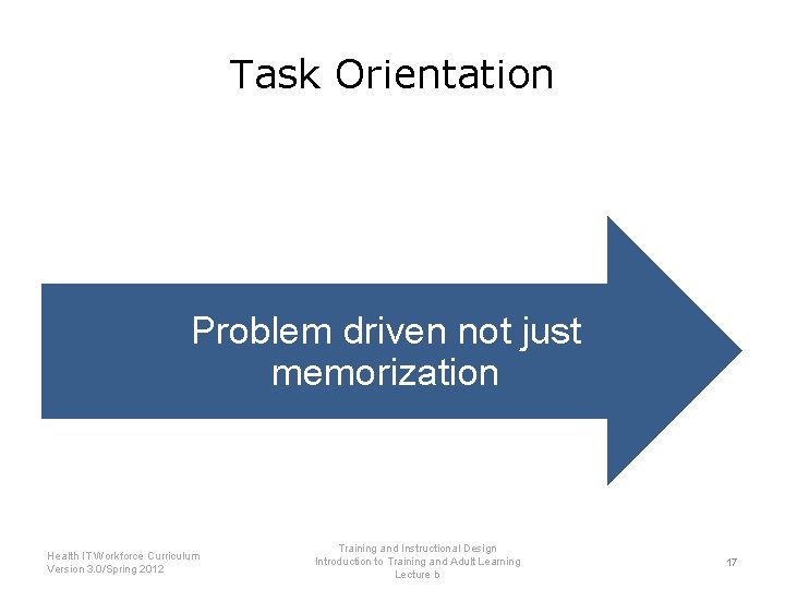 Task Orientation Problem driven not just memorization Health IT Workforce Curriculum Version 3. 0/Spring