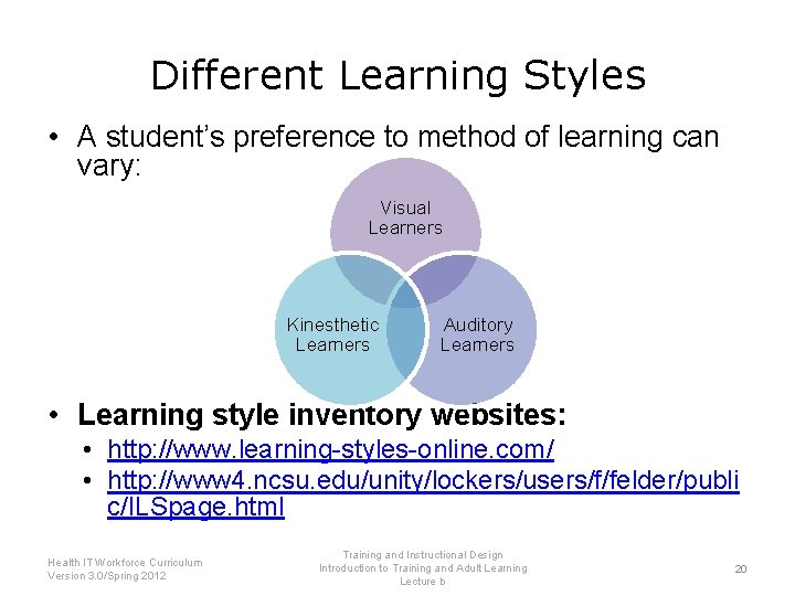 Different Learning Styles • A student’s preference to method of learning can vary: Visual