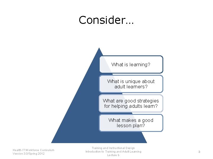 Consider… What is learning? What is unique about adult learners? What are good strategies
