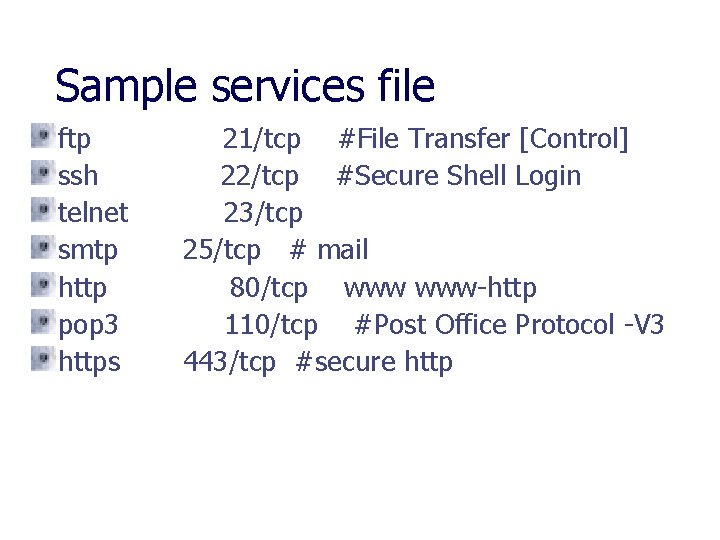Sample services file ftp ssh telnet smtp http pop 3 https 21/tcp #File Transfer