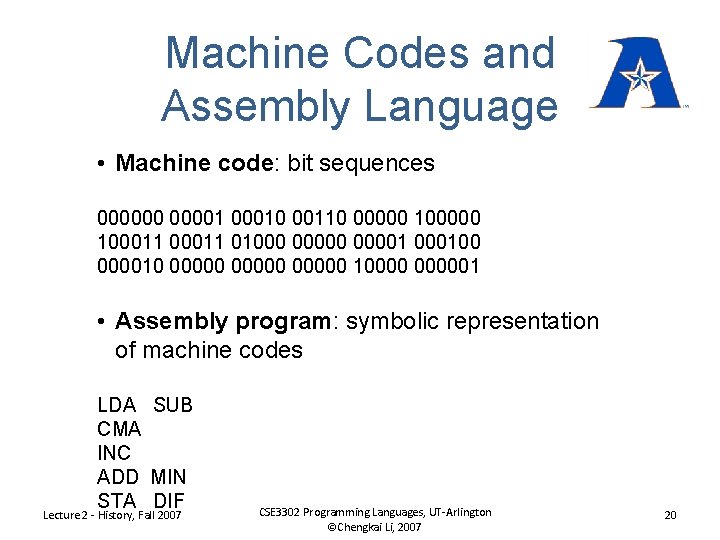 Machine Codes and Assembly Language • Machine code: bit sequences 0000001 00010 00110 00000