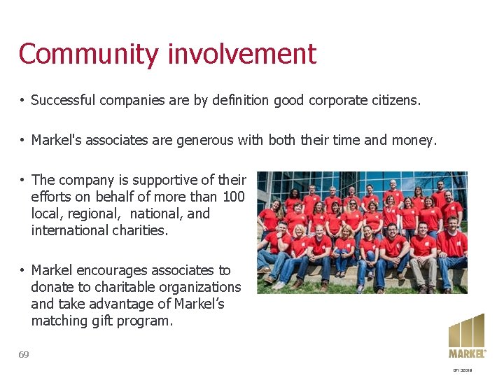 Community involvement • Successful companies are by definition good corporate citizens. • Markel's associates