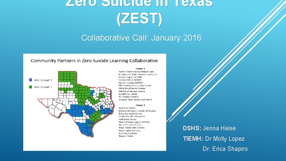 Zero Suicide in Texas (ZEST) Collaborative Call: January 2016 DSHS: Jenna Heise TIEMH: Dr