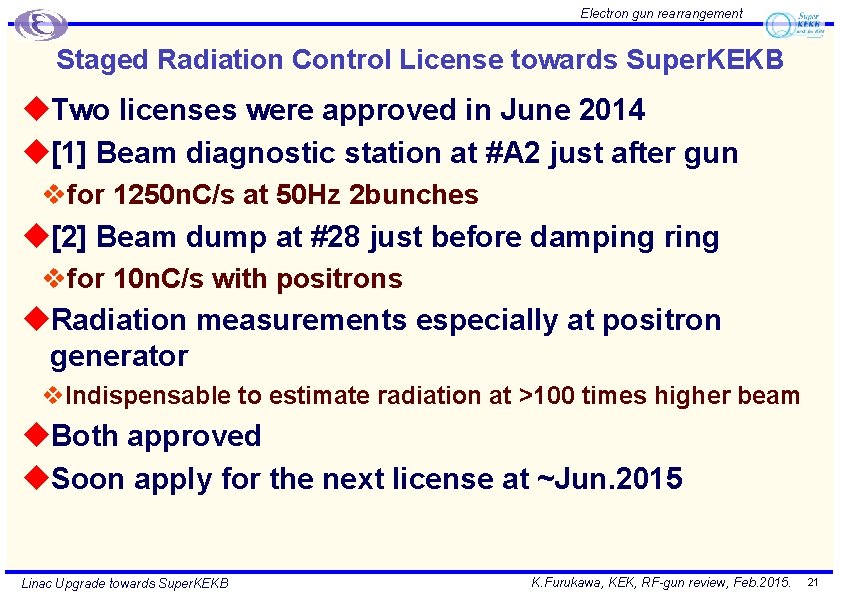 Electron gun rearrangement Staged Radiation Control License towards Super. KEKB u. Two licenses were