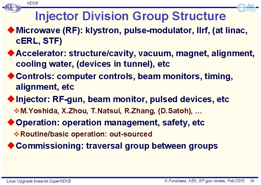 KEKB Injector Division Group Structure u Microwave (RF): klystron, pulse-modulator, llrf, (at linac, c.