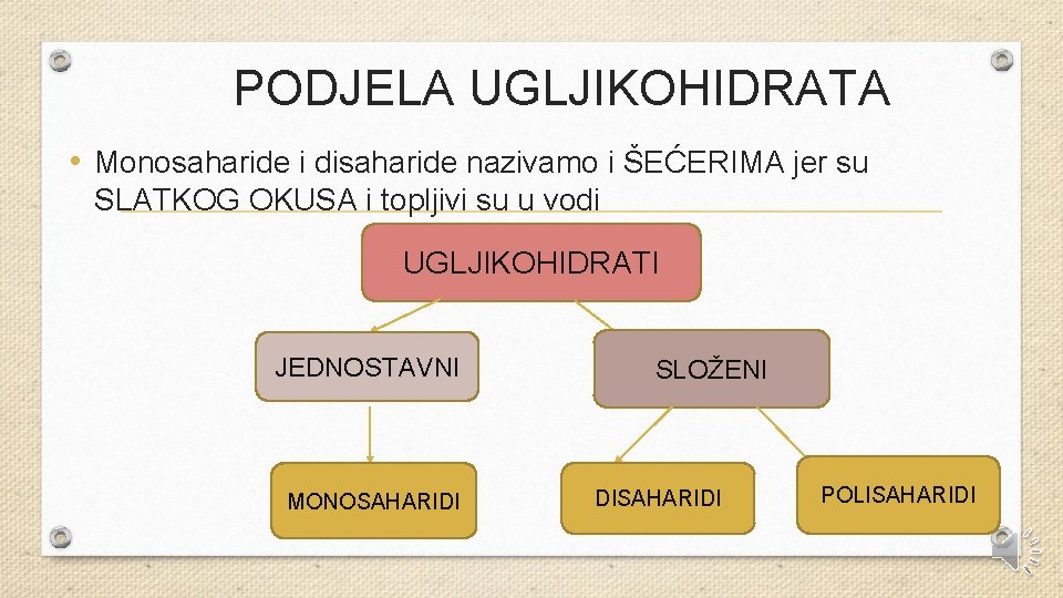 PODJELA UGLJIKOHIDRATA • Monosaharide i disaharide nazivamo i ŠEĆERIMA jer su SLATKOG OKUSA i