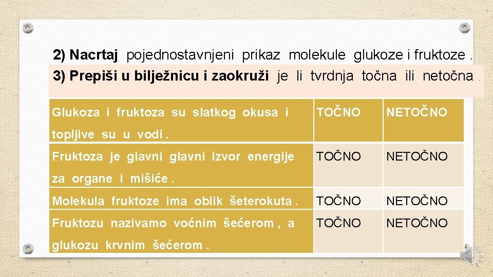 2) Nacrtaj pojednostavnjeni prikaz molekule glukoze i fruktoze. 3) Prepiši u bilježnicu i zaokruži