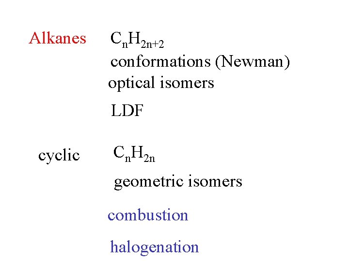 Alkanes Cn. H 2 n+2 conformations (Newman) optical isomers LDF cyclic Cn. H 2