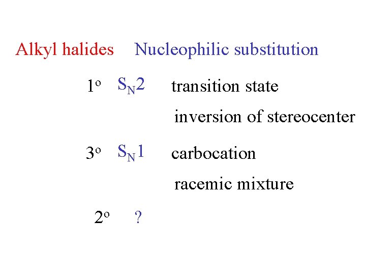 Alkyl halides Nucleophilic substitution 1 o SN 2 transition state inversion of stereocenter 3