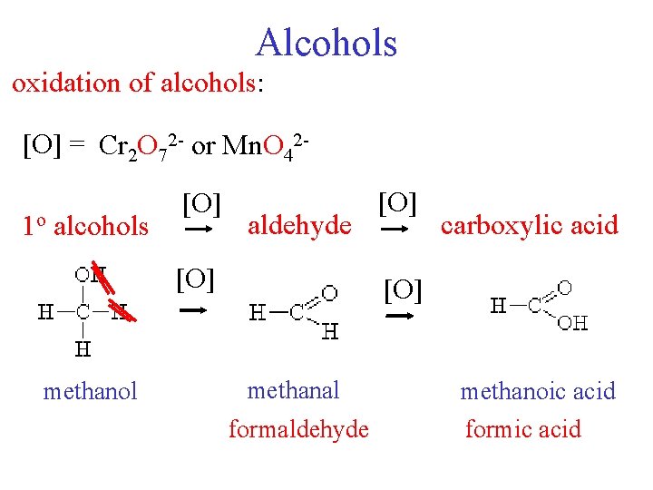 Alcohols oxidation of alcohols: [O] = Cr 2 O 72 - or Mn. O