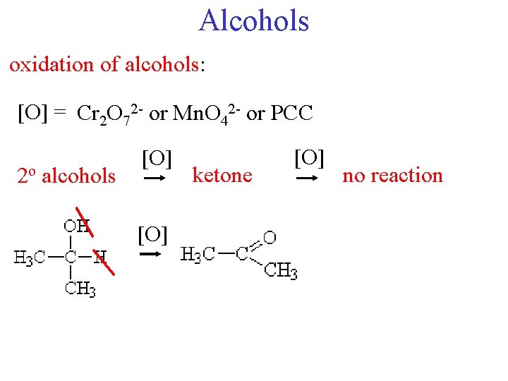Alcohols oxidation of alcohols: [O] = Cr 2 O 72 - or Mn. O