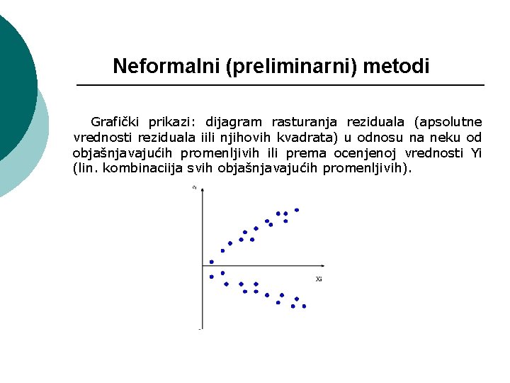 Neformalni (preliminarni) metodi Grafički prikazi: dijagram rasturanja reziduala (apsolutne vrednosti reziduala iili njihovih kvadrata)