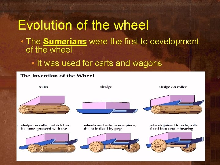 Evolution of the wheel • The Sumerians were the first to development of the