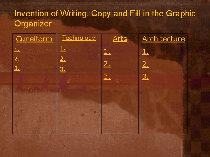 Invention of Writing. Copy and Fill in the Graphic Organizer Cuneiform Arts Technology 1.