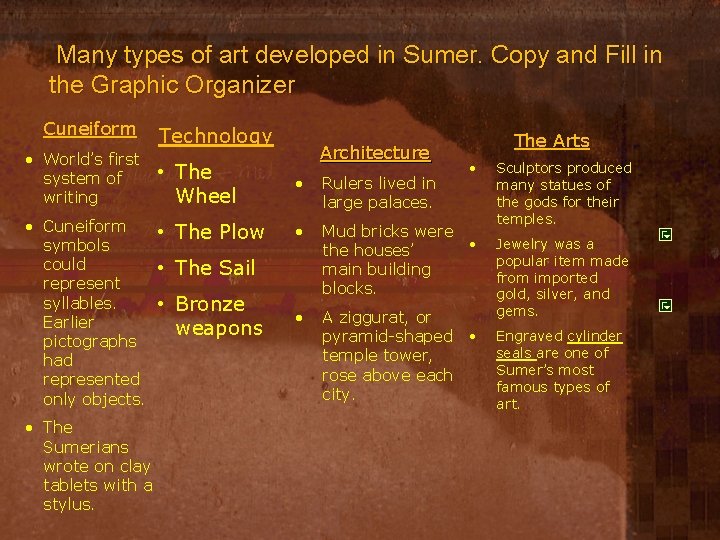 Many types of art developed in Sumer. Copy and Fill in the Graphic Organizer