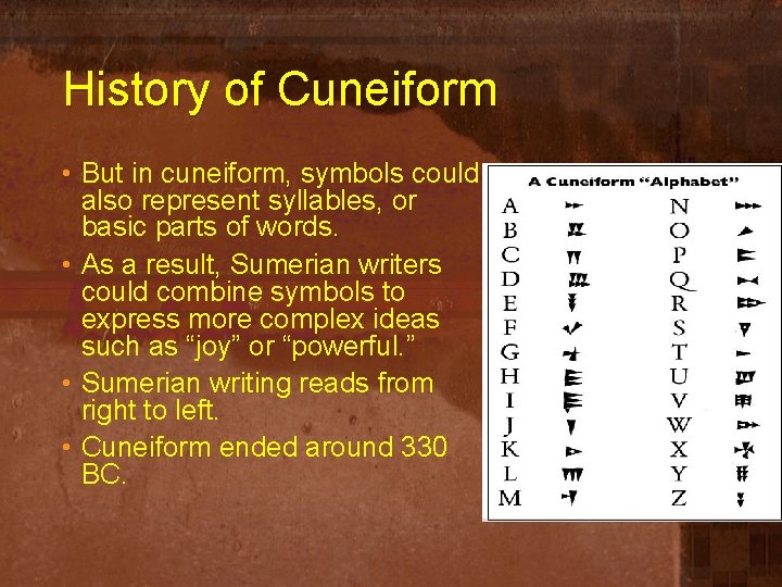 History of Cuneiform • But in cuneiform, symbols could also represent syllables, or basic