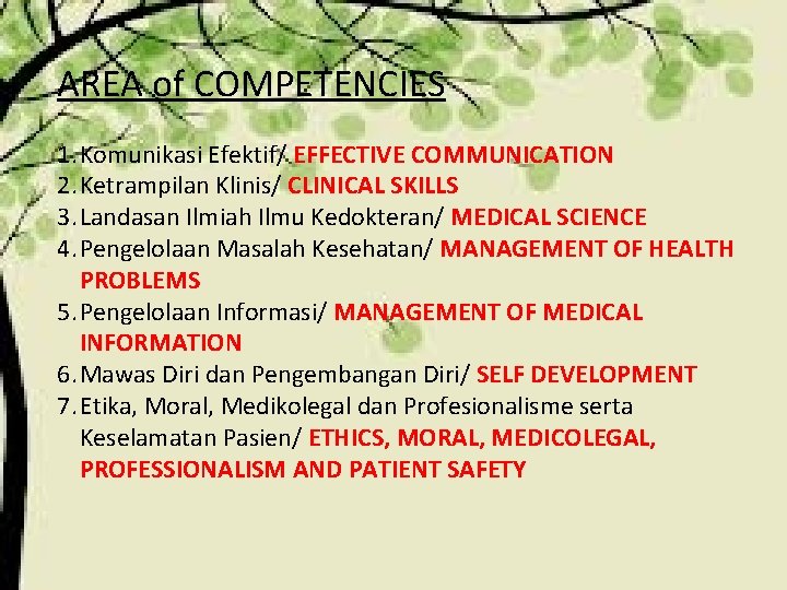 AREA of COMPETENCIES 1. Komunikasi Efektif/ EFFECTIVE COMMUNICATION 2. Ketrampilan Klinis/ CLINICAL SKILLS 3.