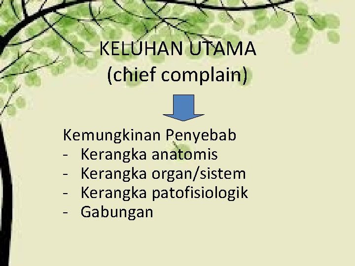 KELUHAN UTAMA (chief complain) Kemungkinan Penyebab - Kerangka anatomis - Kerangka organ/sistem - Kerangka