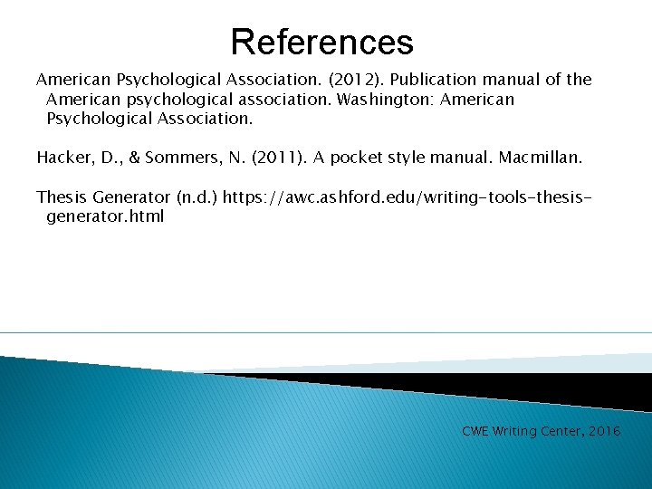 References American Psychological Association. (2012). Publication manual of the American psychological association. Washington: American
