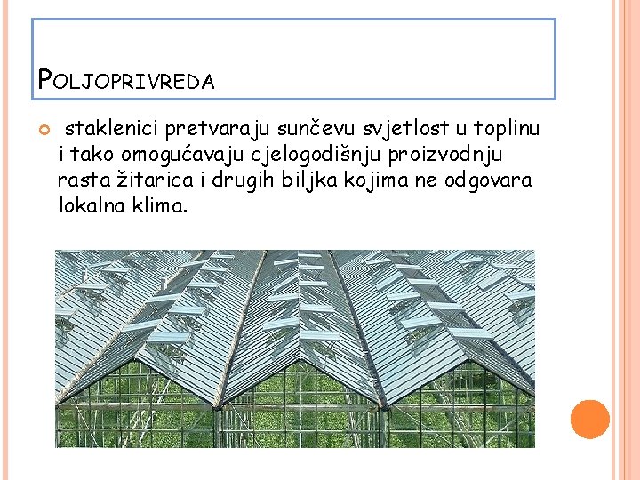 POLJOPRIVREDA staklenici pretvaraju sunčevu svjetlost u toplinu i tako omogućavaju cjelogodišnju proizvodnju rasta žitarica