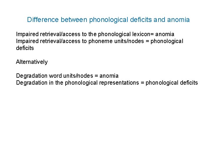 Difference between phonological deficits and anomia Impaired retrieval/access to the phonological lexicon= anomia Impaired Difference between phonological deficits and anomia Impaired retrieval/access to the phonological lexicon= anomia Impaired