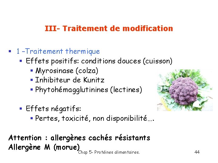 III- Traitement de modification § 1 –Traitement thermique § Effets positifs: conditions douces (cuisson)