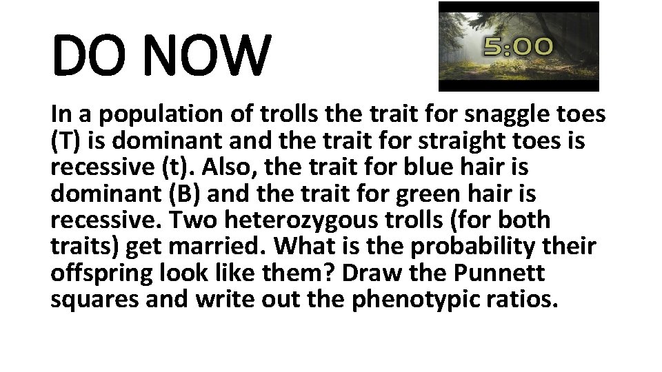 DO NOW In a population of trolls the trait for snaggle toes (T) is