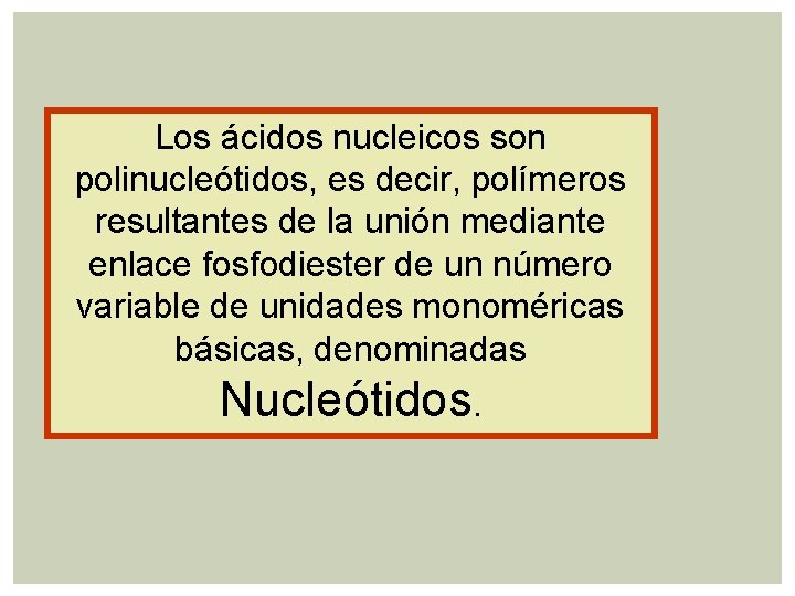 Los ácidos nucleicos son polinucleótidos, es decir, polímeros resultantes de la unión mediante enlace