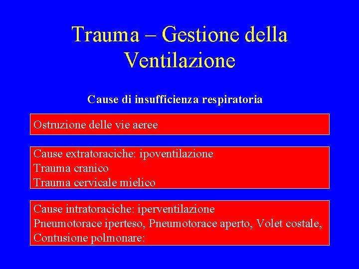 Trauma – Gestione della Ventilazione Cause di insufficienza respiratoria Ostruzione delle vie aeree Cause