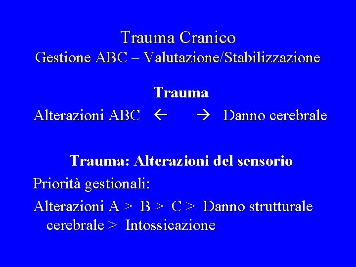 Trauma Cranico Gestione ABC – Valutazione/Stabilizzazione Trauma Alterazioni ABC Danno cerebrale Trauma: Alterazioni del Trauma Cranico Gestione ABC – Valutazione/Stabilizzazione Trauma Alterazioni ABC Danno cerebrale Trauma: Alterazioni del