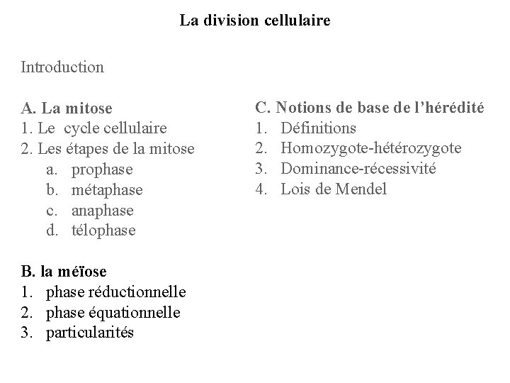La division cellulaire Introduction A. La mitose 1. Le cycle cellulaire 2. Les étapes