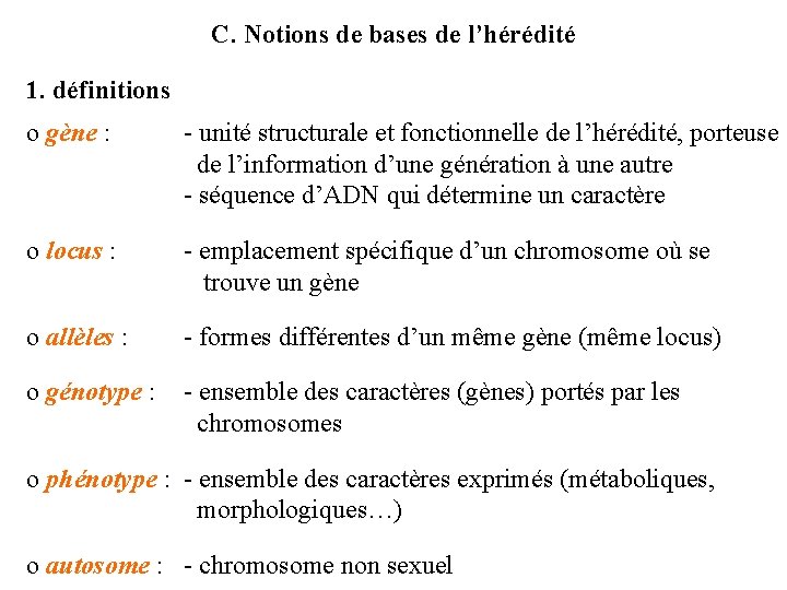 C. Notions de bases de l’hérédité 1. définitions o gène : - unité structurale